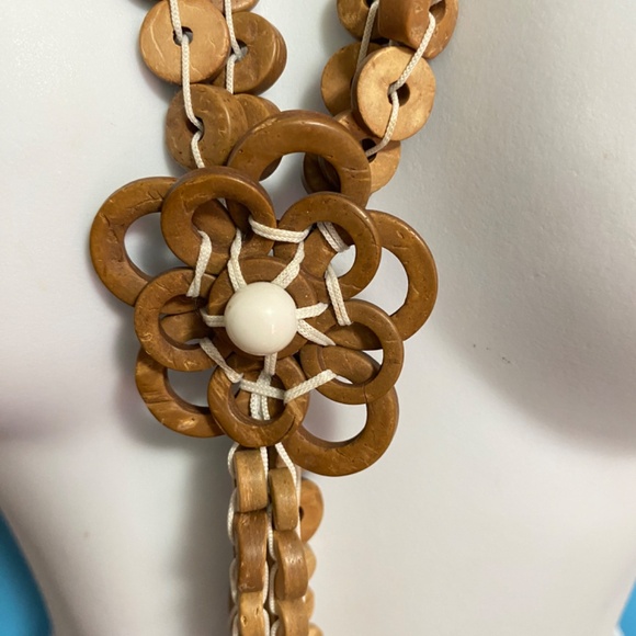 Bohemian Wood Disc Beads Artisan Made Long Statement Necklace - Picture 7 of 9